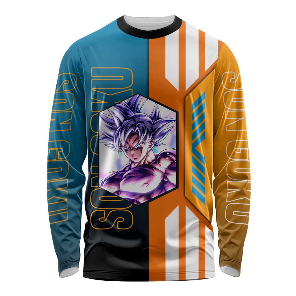 Son Goku from Dragon Ball Long Sleeve Shirt with Orange Gi, Power Pose, and Energy Effect Design - The Mazicc