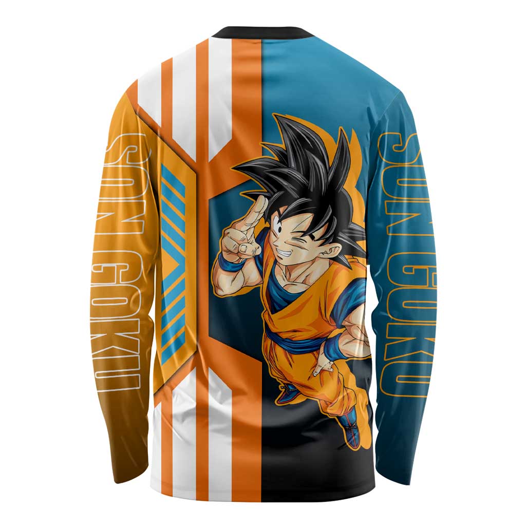 Son Goku from Dragon Ball Long Sleeve Shirt with Orange Gi, Power Pose, and Energy Effect Design - The Mazicc