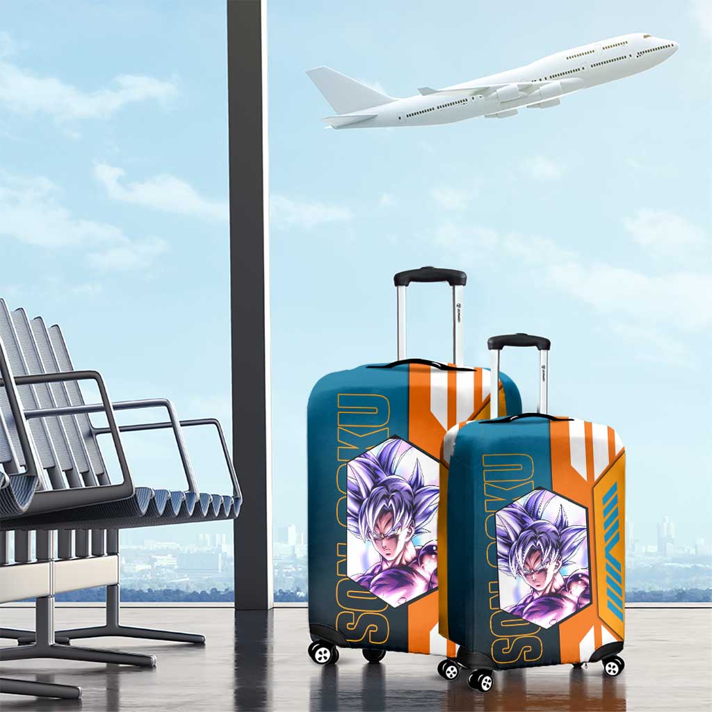 Son Goku from Dragon Ball Luggage Cover with Orange Gi, Power Pose, and Energy Effect Design - The Mazicc