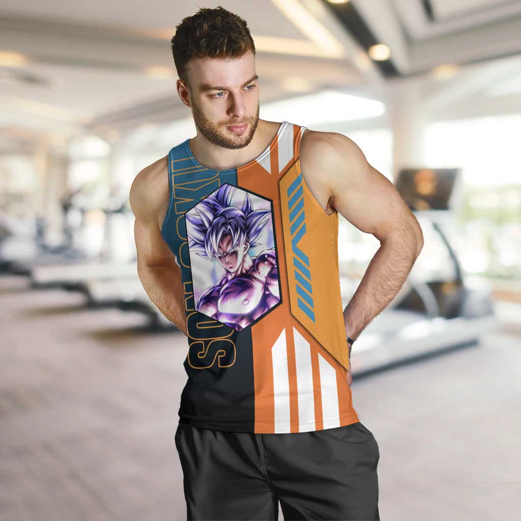 Son Goku from Dragon Ball Men Tank Top with Orange Gi, Power Pose, and Energy Effect Design - The Mazicc