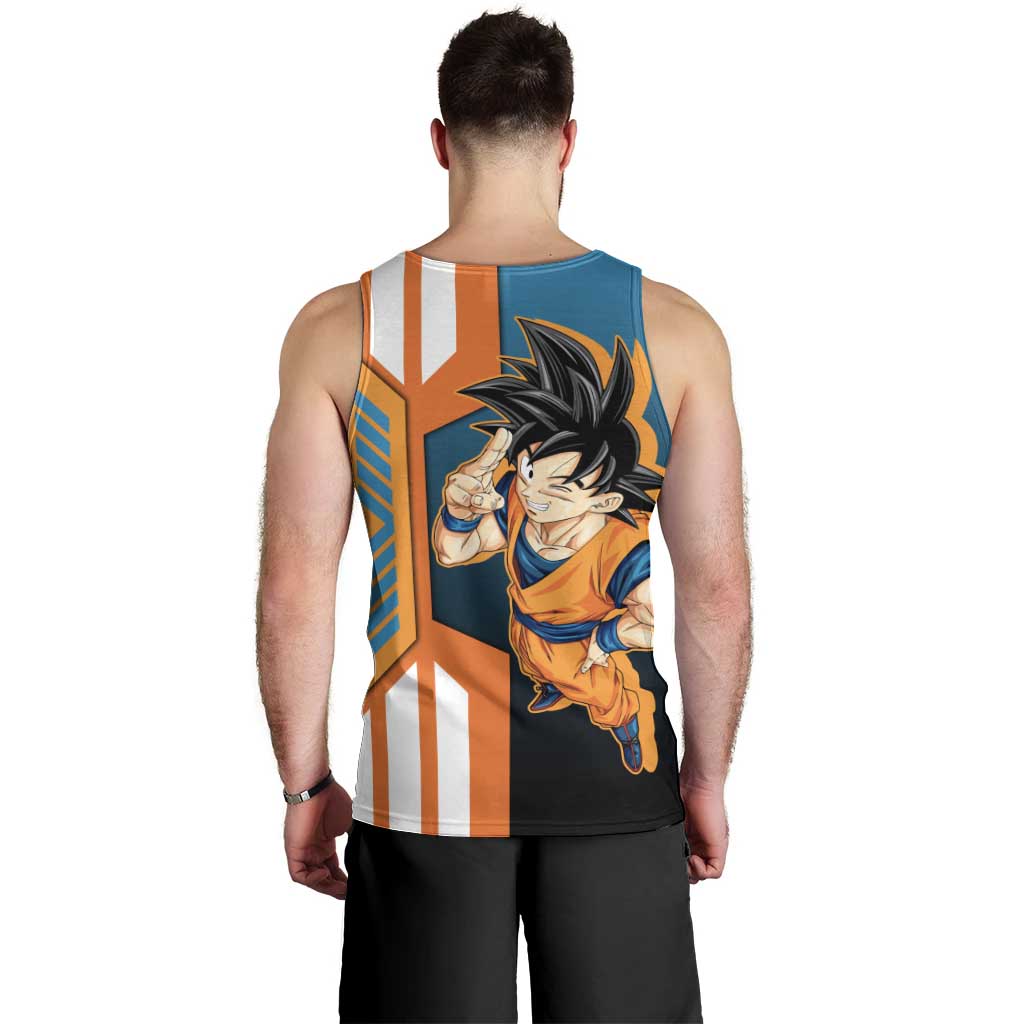 Son Goku from Dragon Ball Men Tank Top with Orange Gi, Power Pose, and Energy Effect Design - The Mazicc