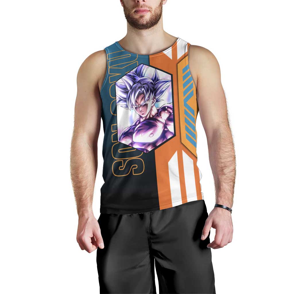 Son Goku from Dragon Ball Men Tank Top with Orange Gi, Power Pose, and Energy Effect Design - The Mazicc