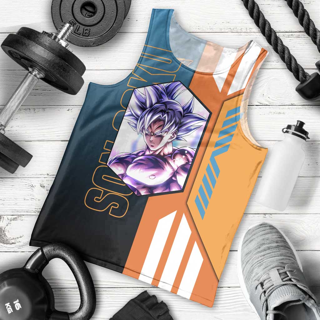 Son Goku from Dragon Ball Men Tank Top with Orange Gi, Power Pose, and Energy Effect Design - The Mazicc
