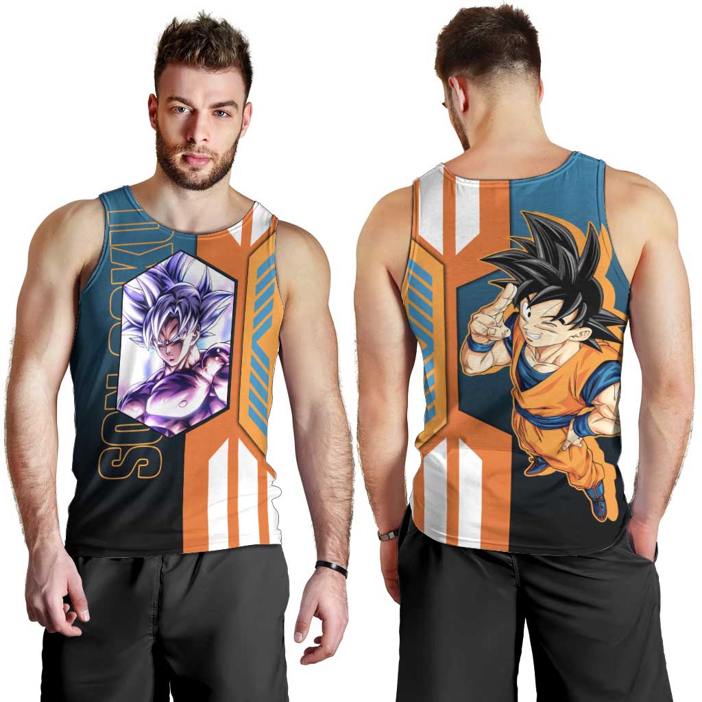 Son Goku from Dragon Ball Men Tank Top with Orange Gi, Power Pose, and Energy Effect Design - The Mazicc