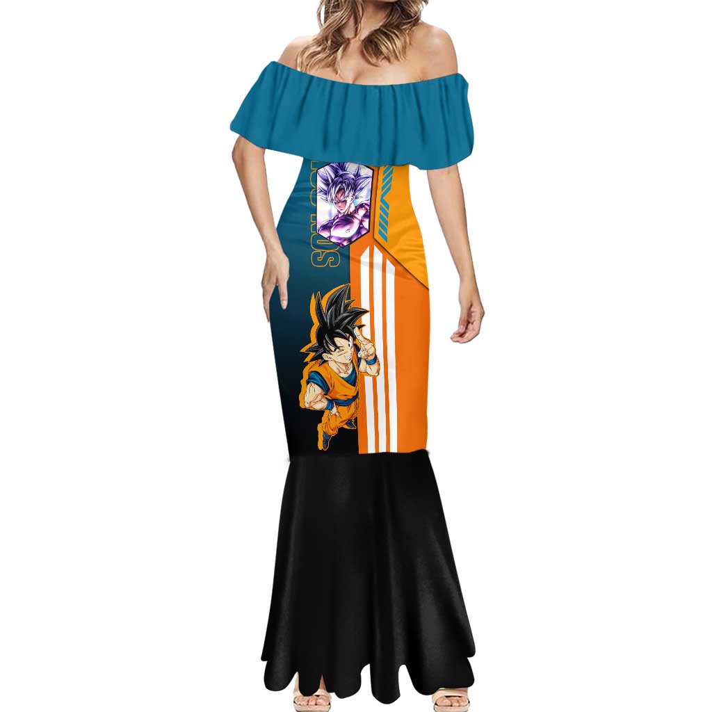 Son Goku from Dragon Ball Mermaid Dress with Orange Gi, Power Pose, and Energy Effect Design - The Mazicc