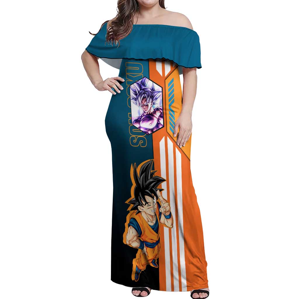 Son Goku from Dragon Ball Off Shoulder Maxi Dress with Orange Gi, Power Pose, and Energy Effect Design - The Mazicc