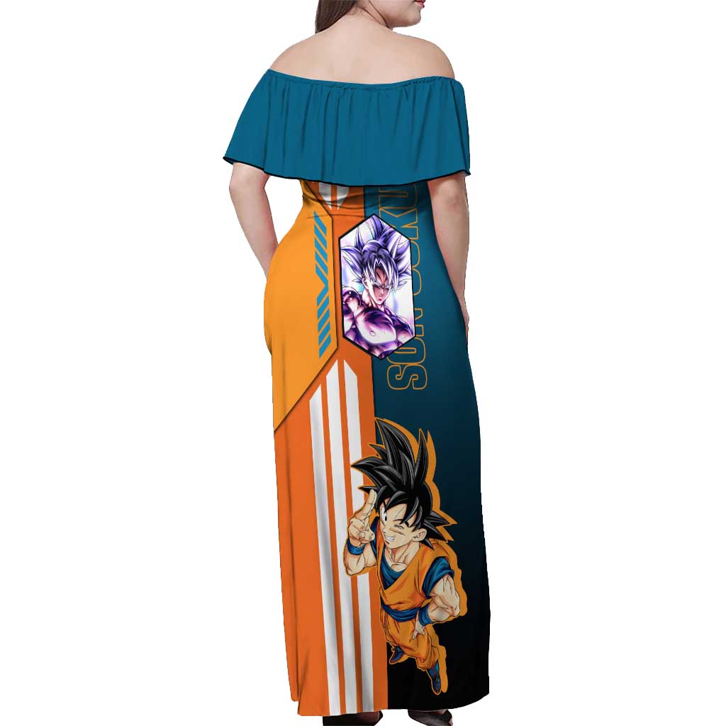 Son Goku from Dragon Ball Off Shoulder Maxi Dress with Orange Gi, Power Pose, and Energy Effect Design - The Mazicc