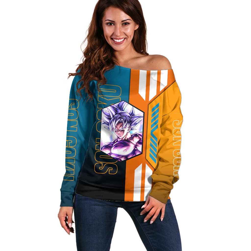 Son Goku from Dragon Ball Off Shoulder Sweater with Orange Gi, Power Pose, and Energy Effect Design - The Mazicc