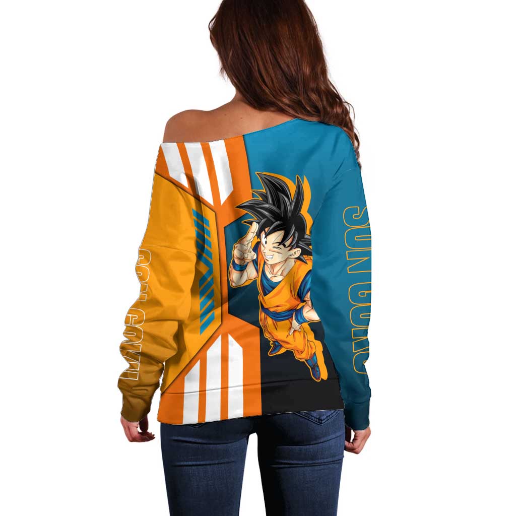Son Goku from Dragon Ball Off Shoulder Sweater with Orange Gi, Power Pose, and Energy Effect Design - The Mazicc