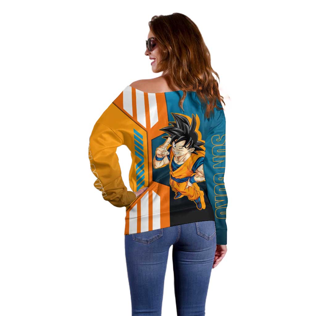 Son Goku from Dragon Ball Off Shoulder Sweater with Orange Gi, Power Pose, and Energy Effect Design - The Mazicc