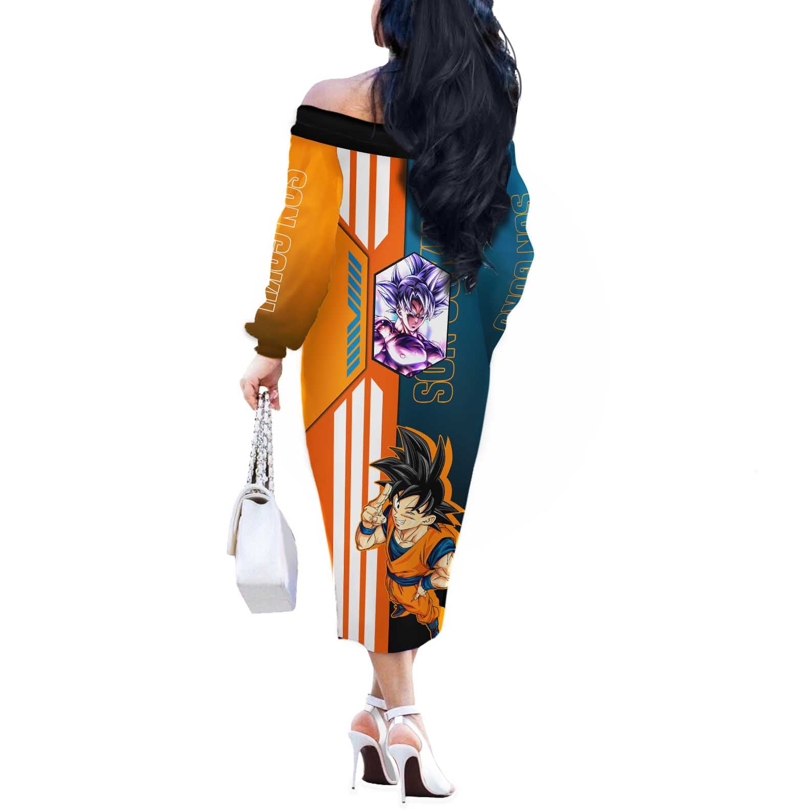 Son Goku from Dragon Ball Off The Shoulder Long Sleeve Dress with Orange Gi, Power Pose, and Energy Effect Design - The Mazicc