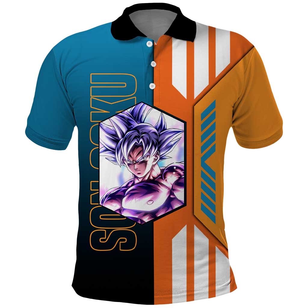 Son Goku from Dragon Ball Polo Shirt with Orange Gi, Power Pose, and Energy Effect Design - The Mazicc