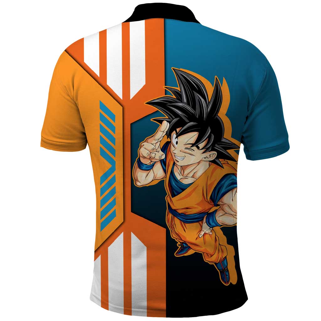 Son Goku from Dragon Ball Polo Shirt with Orange Gi, Power Pose, and Energy Effect Design - The Mazicc