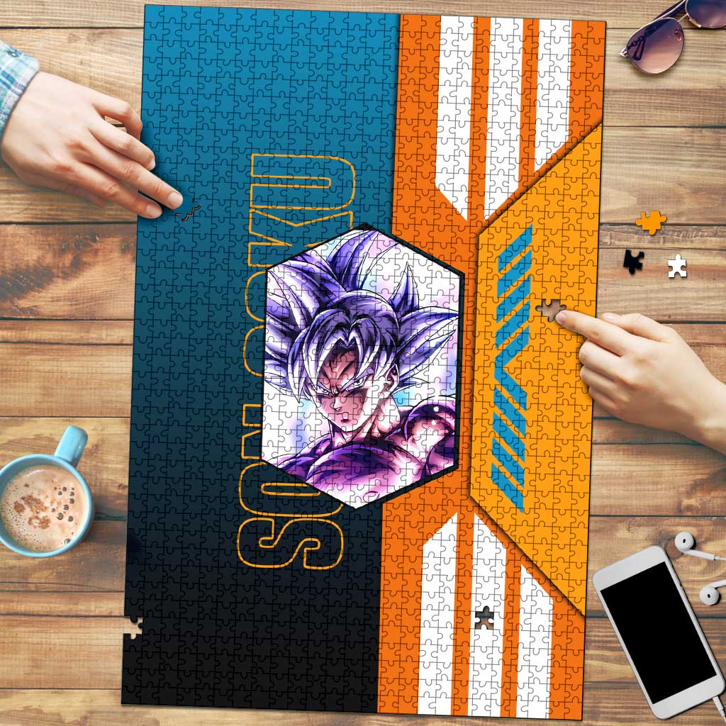 Son Goku from Dragon Ball Puzzle with Orange Gi, Power Pose, and Energy Effect Design - The Mazicc