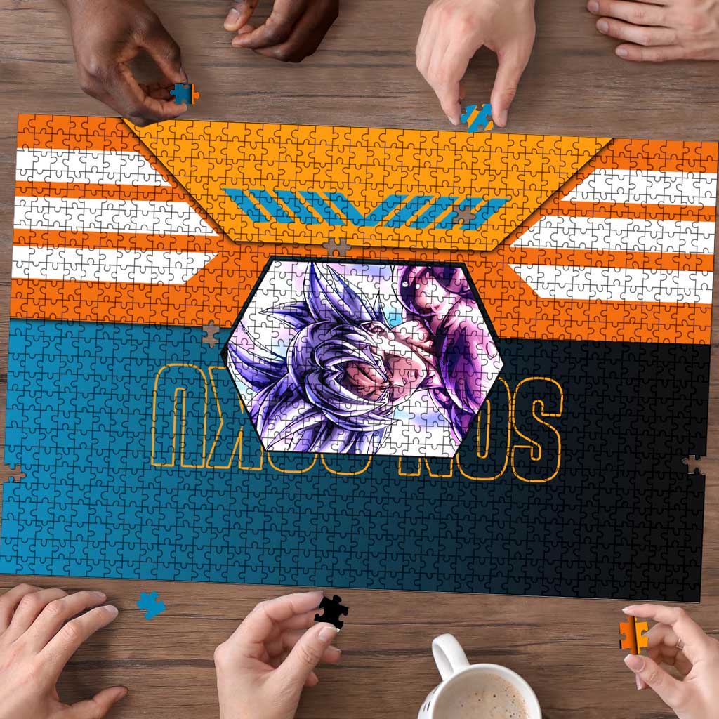 Son Goku from Dragon Ball Puzzle with Orange Gi, Power Pose, and Energy Effect Design - The Mazicc