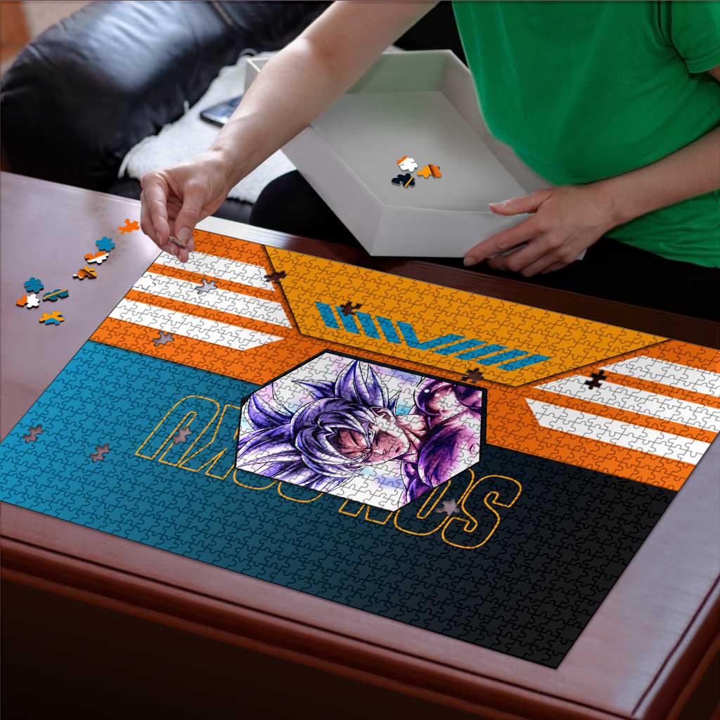 Son Goku from Dragon Ball Puzzle with Orange Gi, Power Pose, and Energy Effect Design - The Mazicc