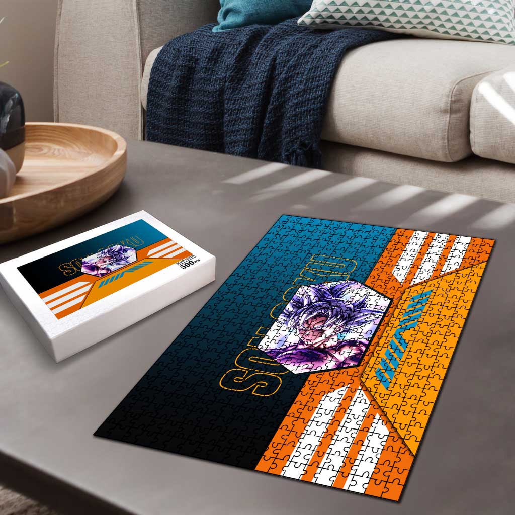Son Goku from Dragon Ball Puzzle with Orange Gi, Power Pose, and Energy Effect Design - The Mazicc
