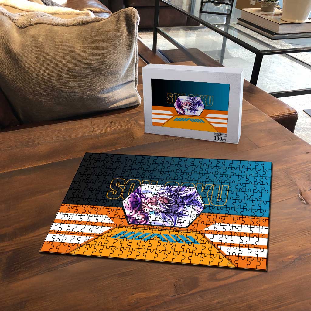 Son Goku from Dragon Ball Puzzle with Orange Gi, Power Pose, and Energy Effect Design - The Mazicc
