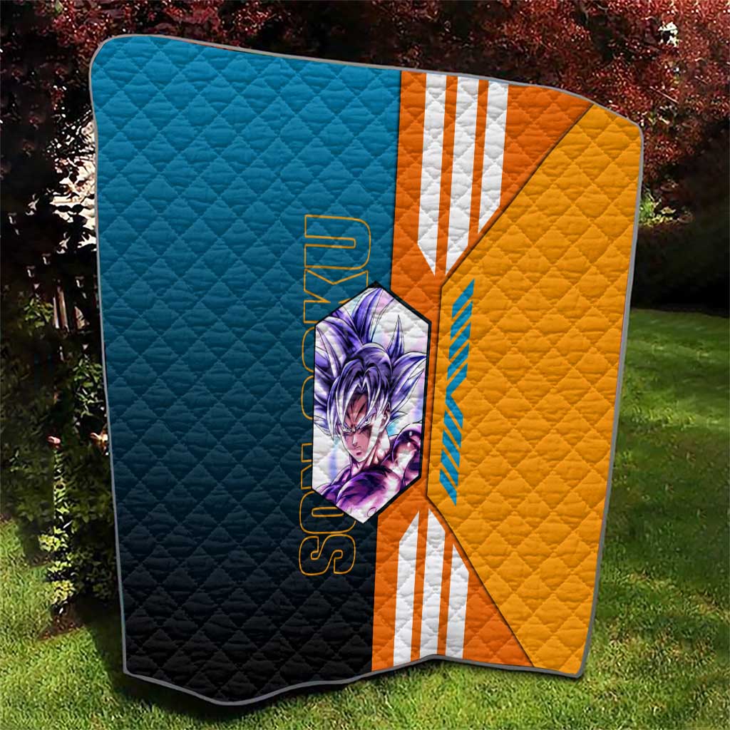 Son Goku from Dragon Ball Quilt with Orange Gi, Power Pose, and Energy Effect Design - The Mazicc
