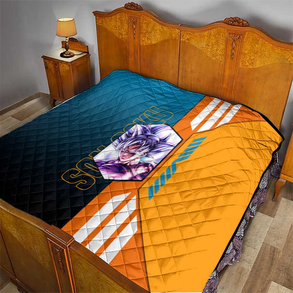 Son Goku from Dragon Ball Quilt with Orange Gi, Power Pose, and Energy Effect Design - The Mazicc