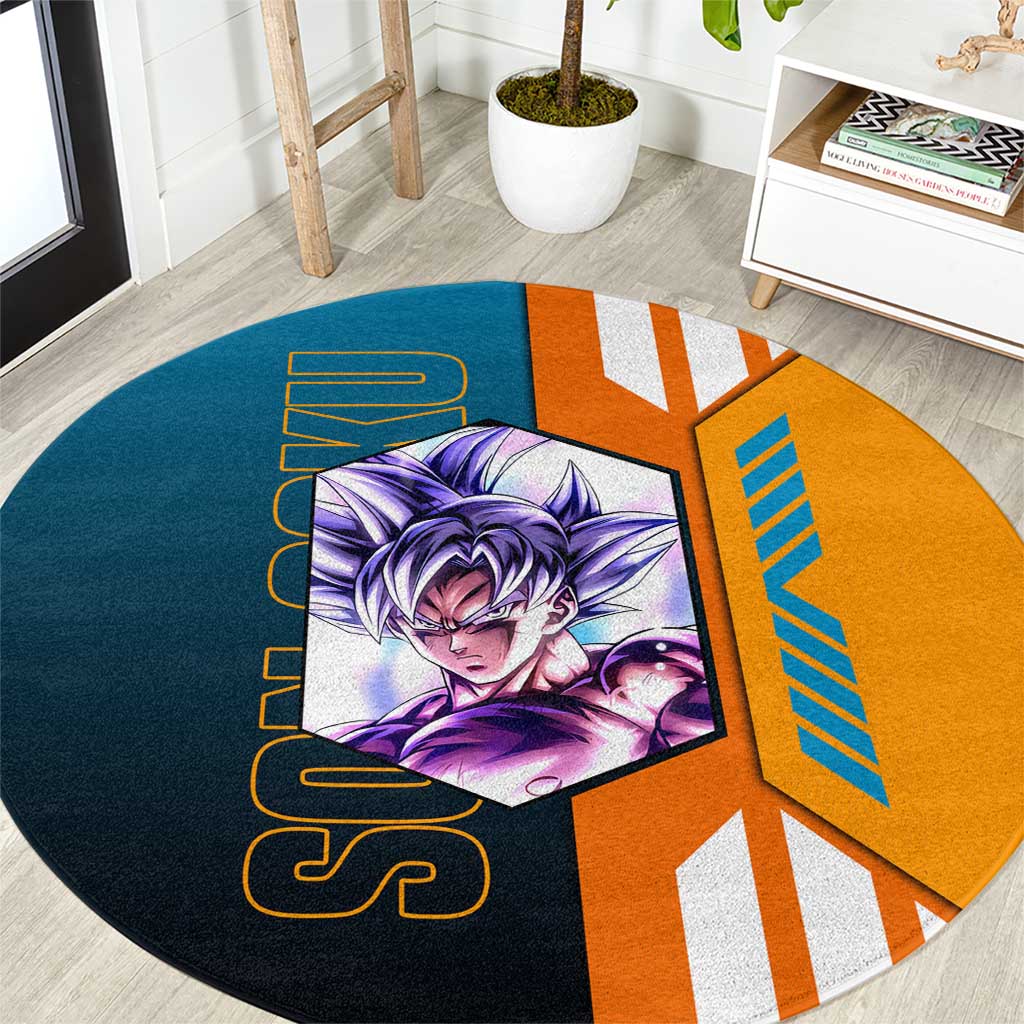 Son Goku from Dragon Ball Round Carpet with Orange Gi, Power Pose, and Energy Effect Design - The Mazicc