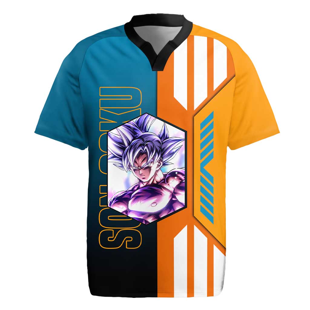 Son Goku from Dragon Ball Rugby Jersey with Orange Gi, Power Pose, and Energy Effect Design - The Mazicc