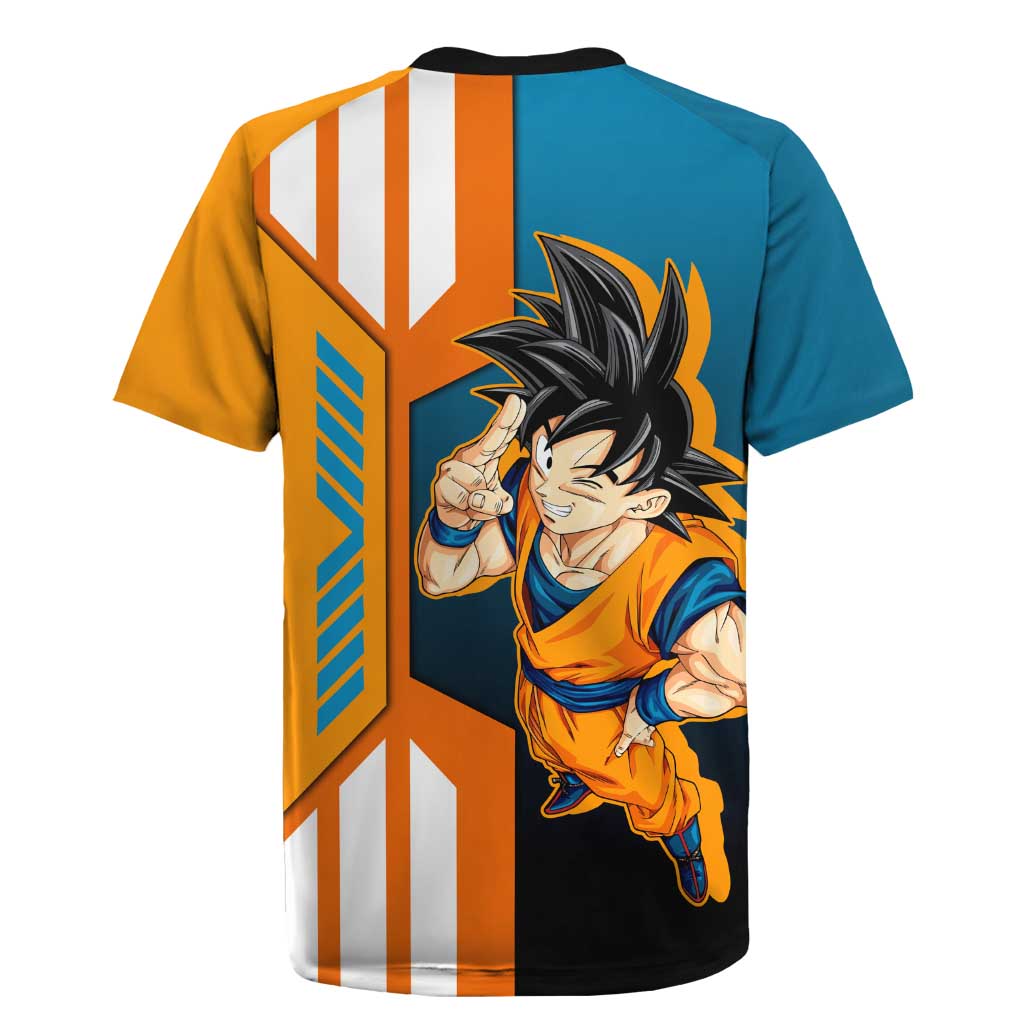 Son Goku from Dragon Ball Rugby Jersey with Orange Gi, Power Pose, and Energy Effect Design - The Mazicc