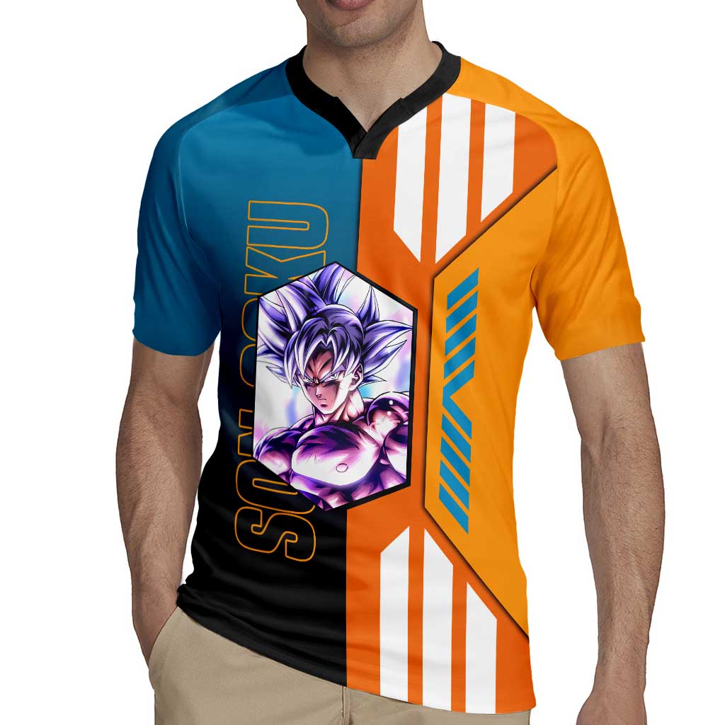 Son Goku from Dragon Ball Rugby Jersey with Orange Gi, Power Pose, and Energy Effect Design - The Mazicc