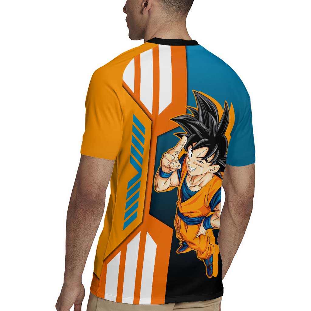 Son Goku from Dragon Ball Rugby Jersey with Orange Gi, Power Pose, and Energy Effect Design - The Mazicc