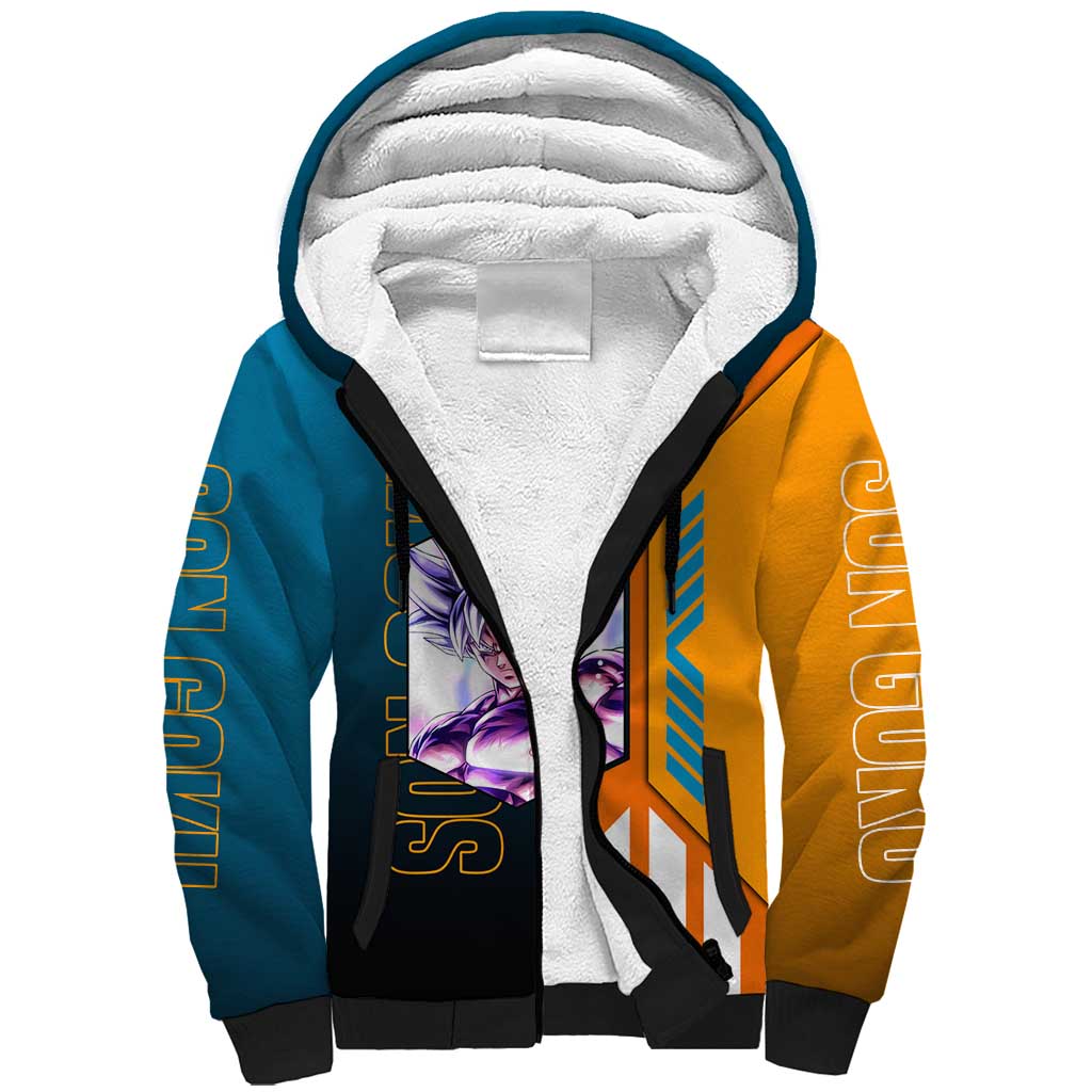 Son Goku from Dragon Ball Sherpa Hoodie with Orange Gi, Power Pose, and Energy Effect Design - The Mazicc