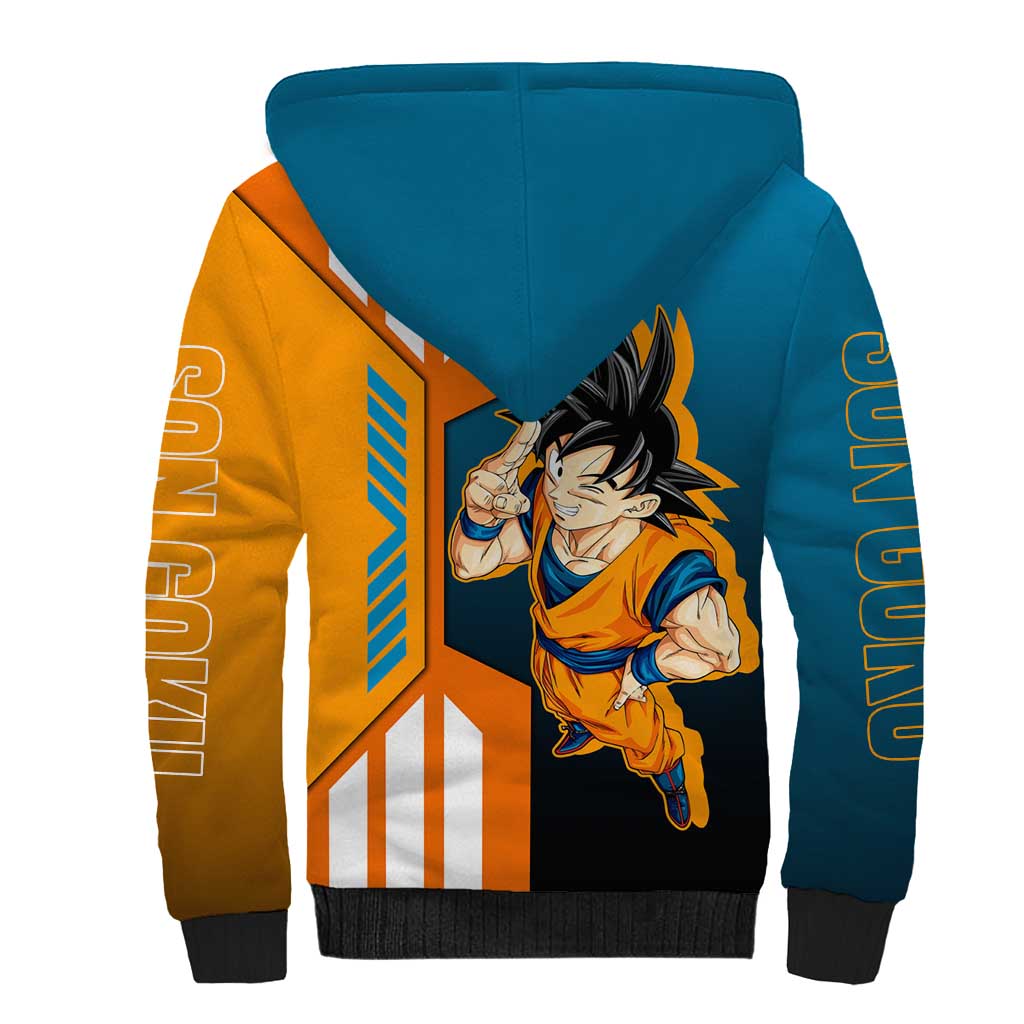 Son Goku from Dragon Ball Sherpa Hoodie with Orange Gi, Power Pose, and Energy Effect Design - The Mazicc