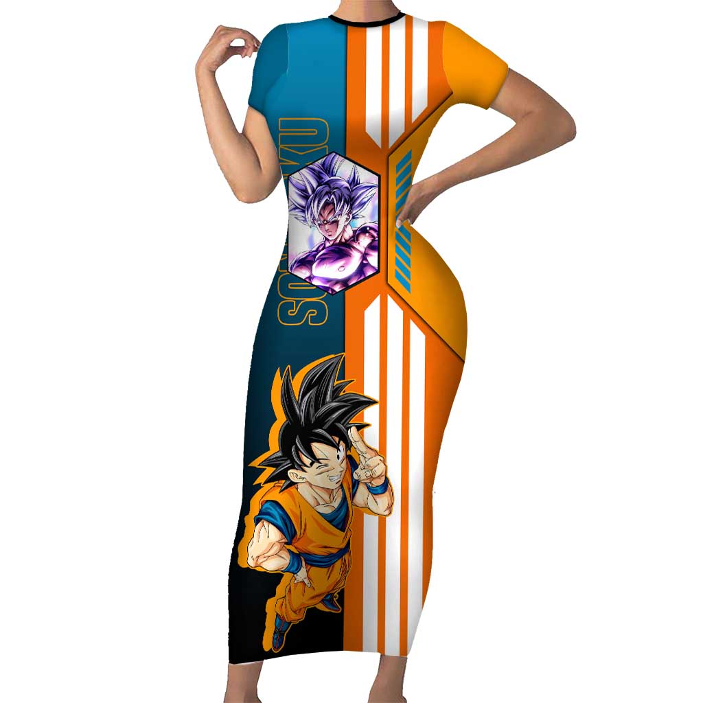 Son Goku from Dragon Ball Short Sleeve Bodycon Dress with Orange Gi, Power Pose, and Energy Effect Design - The Mazicc