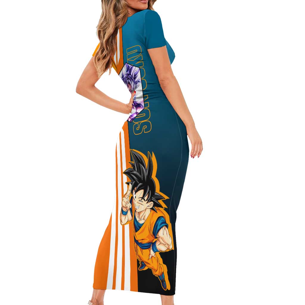 Son Goku from Dragon Ball Short Sleeve Bodycon Dress with Orange Gi, Power Pose, and Energy Effect Design - The Mazicc
