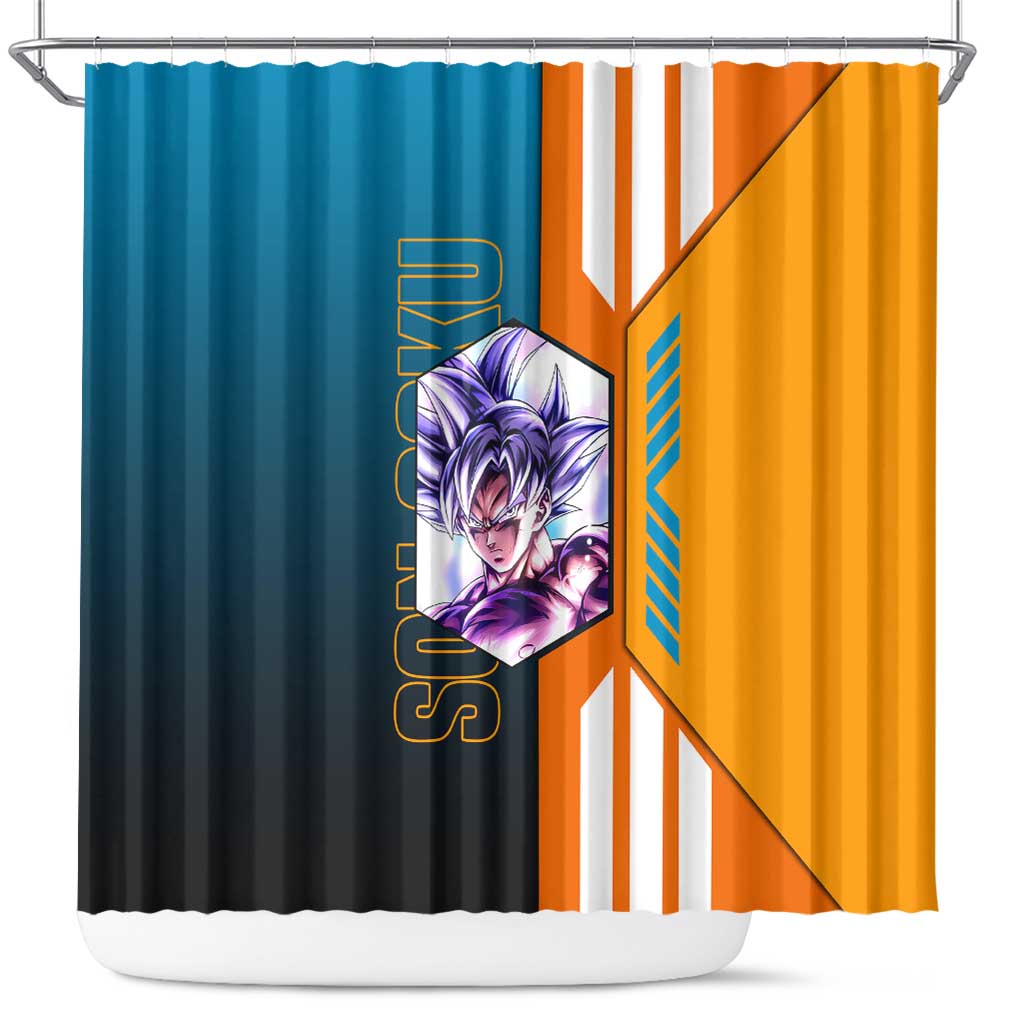 Son Goku from Dragon Ball Shower Curtain with Orange Gi, Power Pose, and Energy Effect Design - The Mazicc