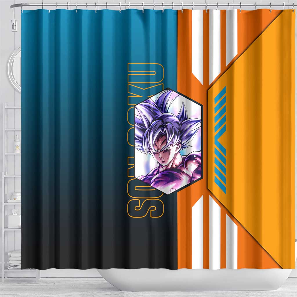 Son Goku from Dragon Ball Shower Curtain with Orange Gi, Power Pose, and Energy Effect Design - The Mazicc