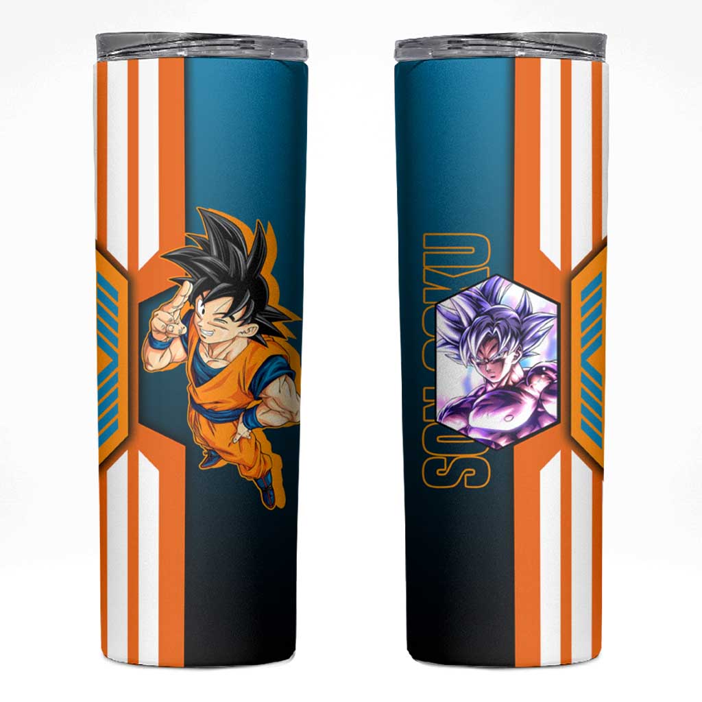Son Goku from Dragon Ball Skinny Tumbler with Orange Gi, Power Pose, and Energy Effect Design - The Mazicc