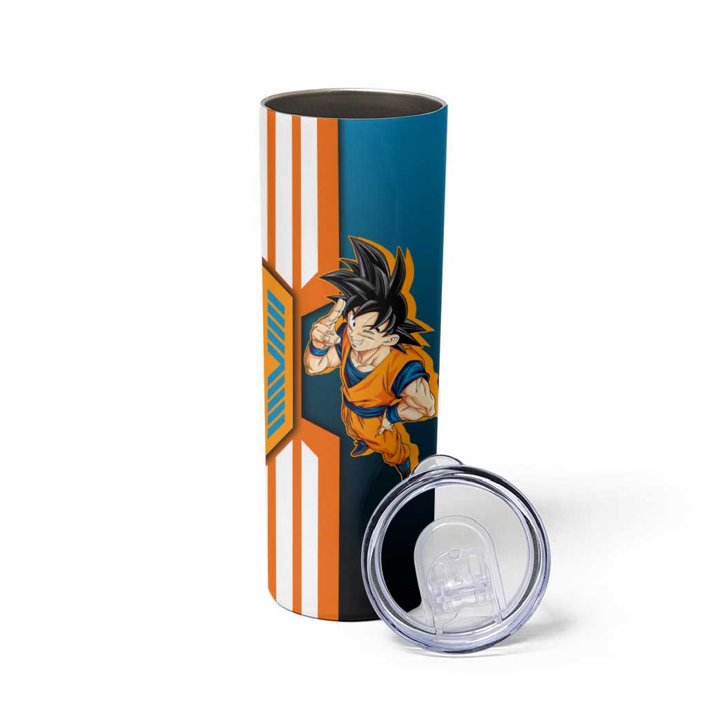 Son Goku from Dragon Ball Skinny Tumbler with Orange Gi, Power Pose, and Energy Effect Design - The Mazicc