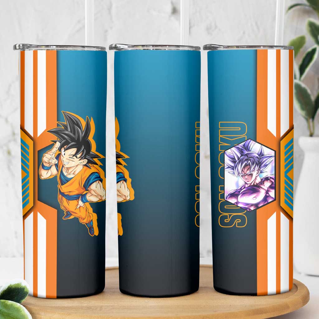Son Goku from Dragon Ball Skinny Tumbler with Orange Gi, Power Pose, and Energy Effect Design - The Mazicc