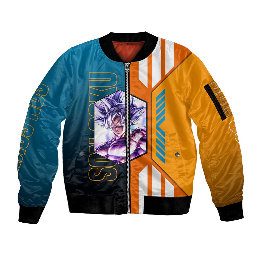 Son Goku from Dragon Ball Sleeve Zip Bomber Jacket with Orange Gi, Power Pose, and Energy Effect Design - The Mazicc