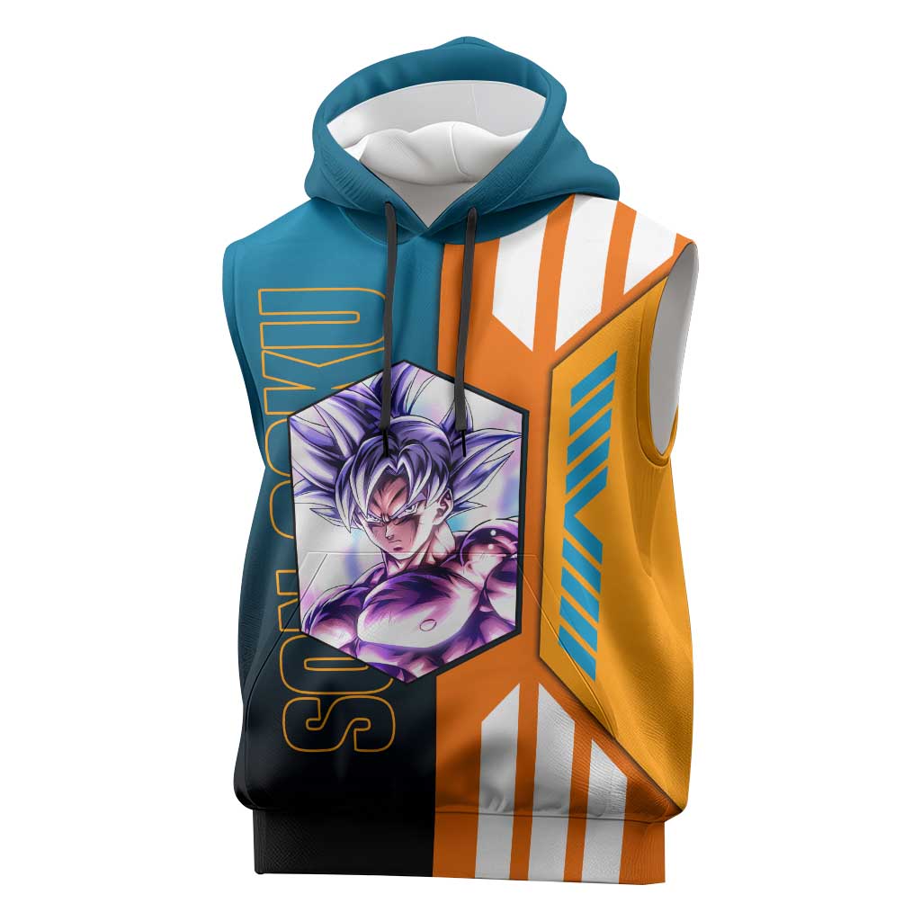 Son Goku from Dragon Ball Sleeveless Hoodie with Orange Gi, Power Pose, and Energy Effect Design - The Mazicc