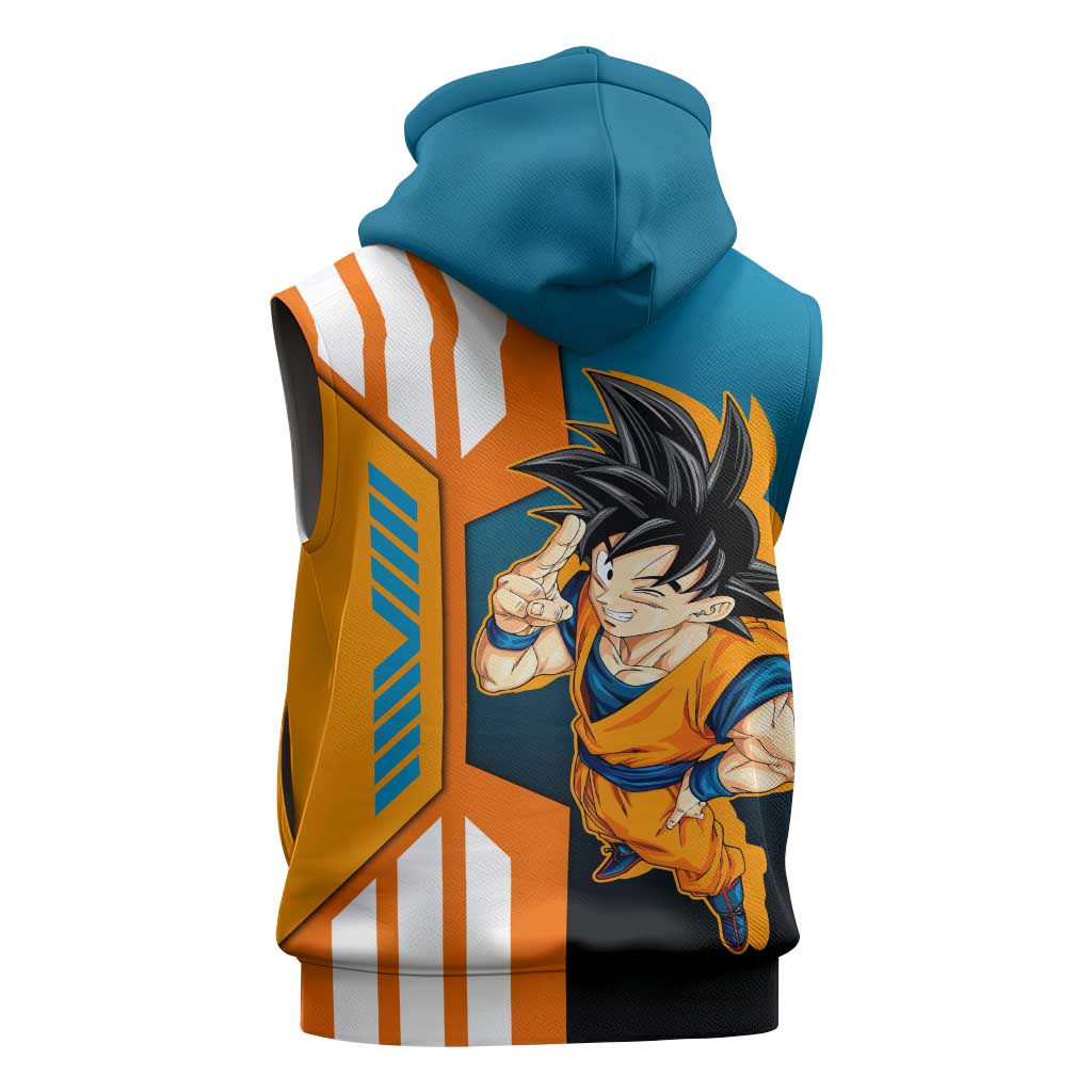 Son Goku from Dragon Ball Sleeveless Hoodie with Orange Gi, Power Pose, and Energy Effect Design - The Mazicc