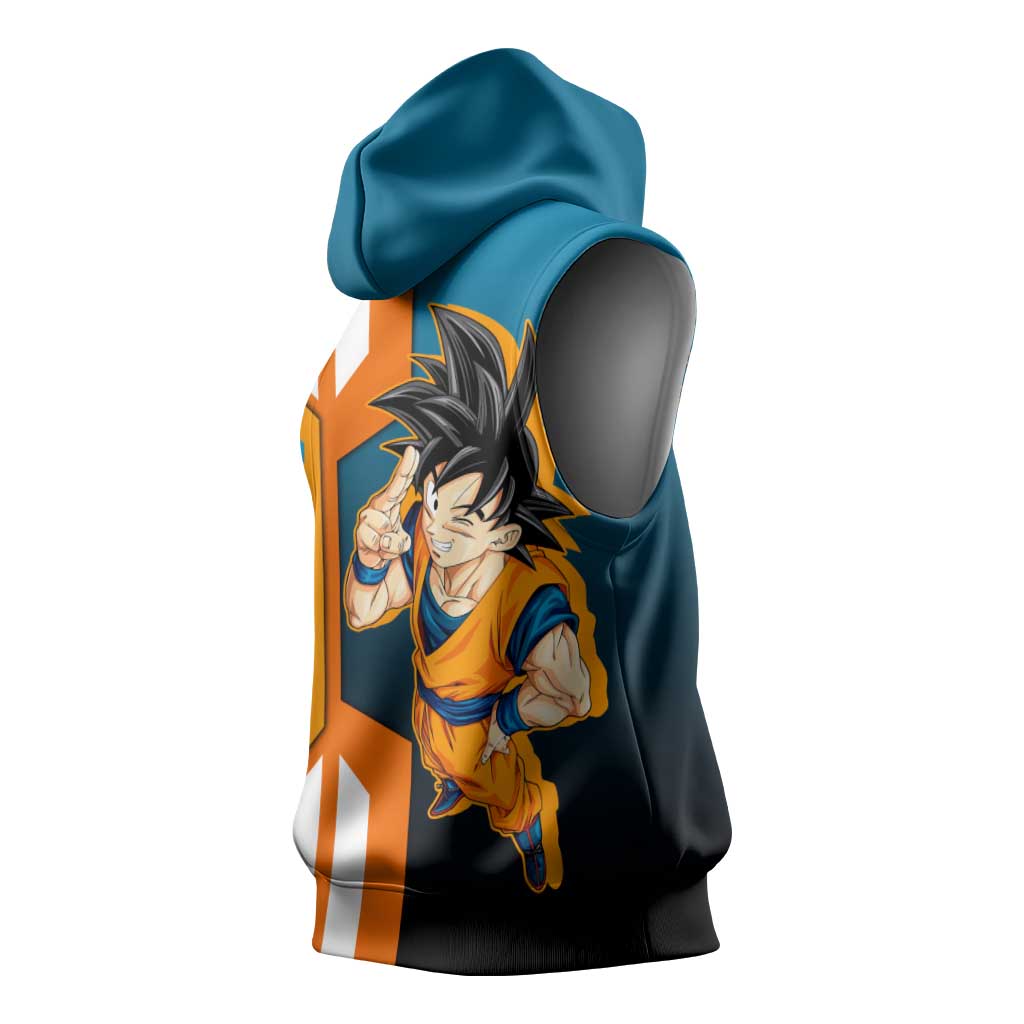 Son Goku from Dragon Ball Sleeveless Hoodie with Orange Gi, Power Pose, and Energy Effect Design - The Mazicc