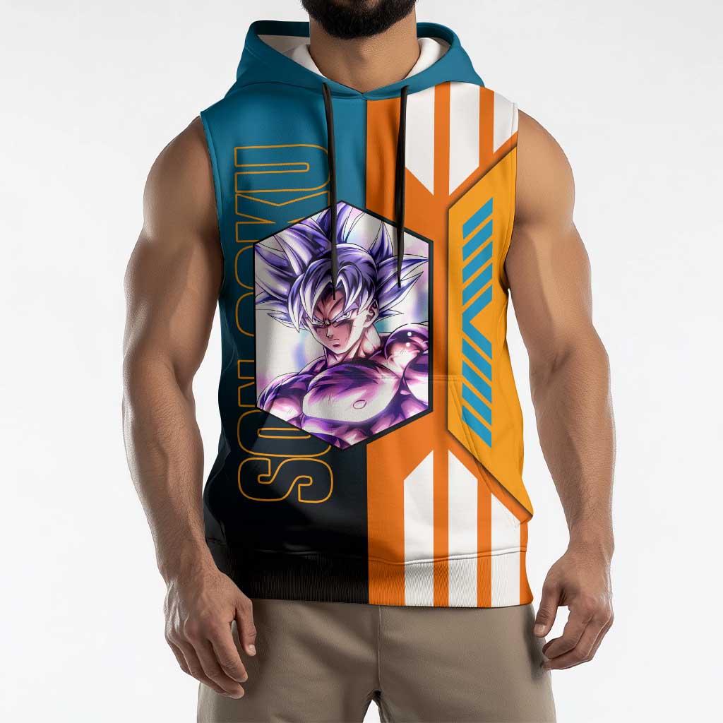 Son Goku from Dragon Ball Sleeveless Hoodie with Orange Gi, Power Pose, and Energy Effect Design - The Mazicc