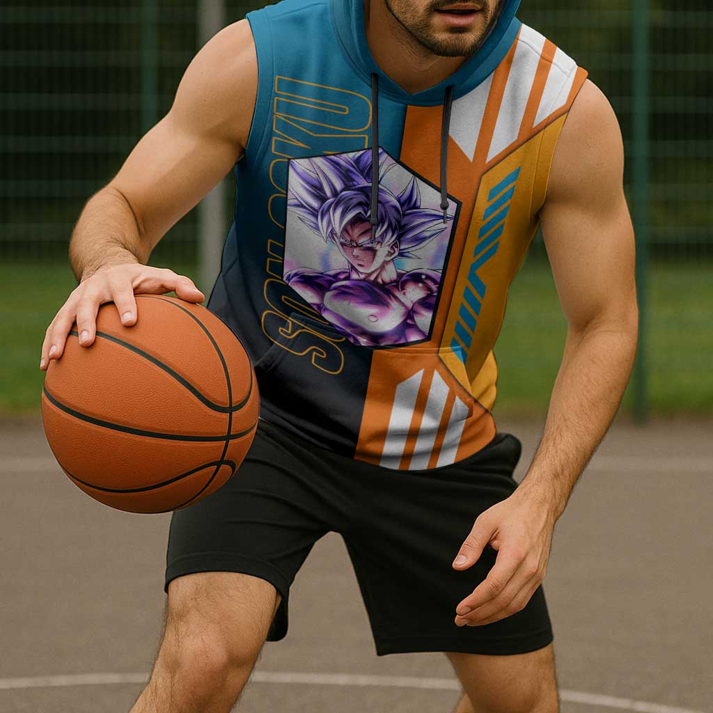 Son Goku from Dragon Ball Sleeveless Hoodie with Orange Gi, Power Pose, and Energy Effect Design - The Mazicc