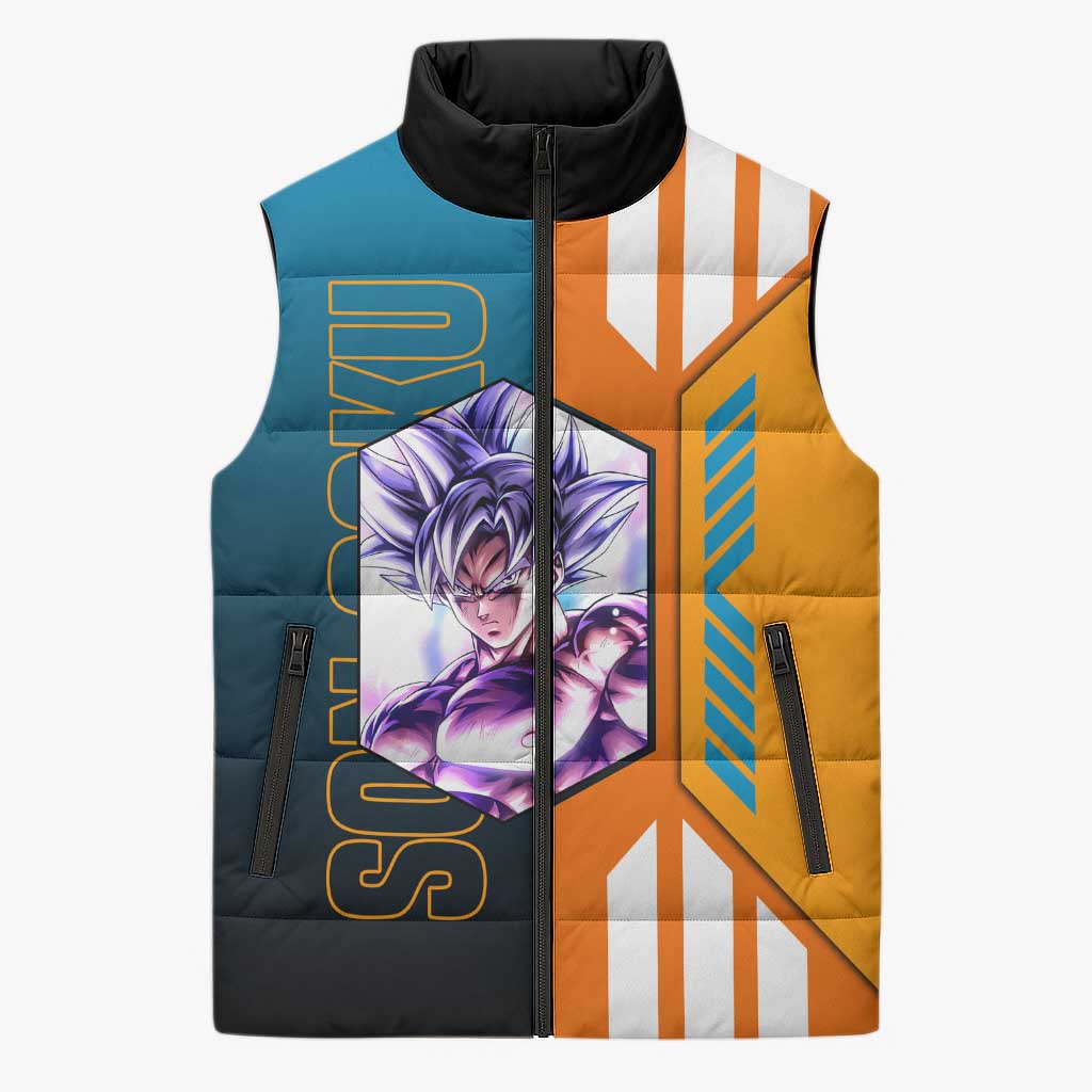 Son Goku from Dragon Ball Sleeveless Puffer Jacket with Orange Gi, Power Pose, and Energy Effect Design - The Mazicc