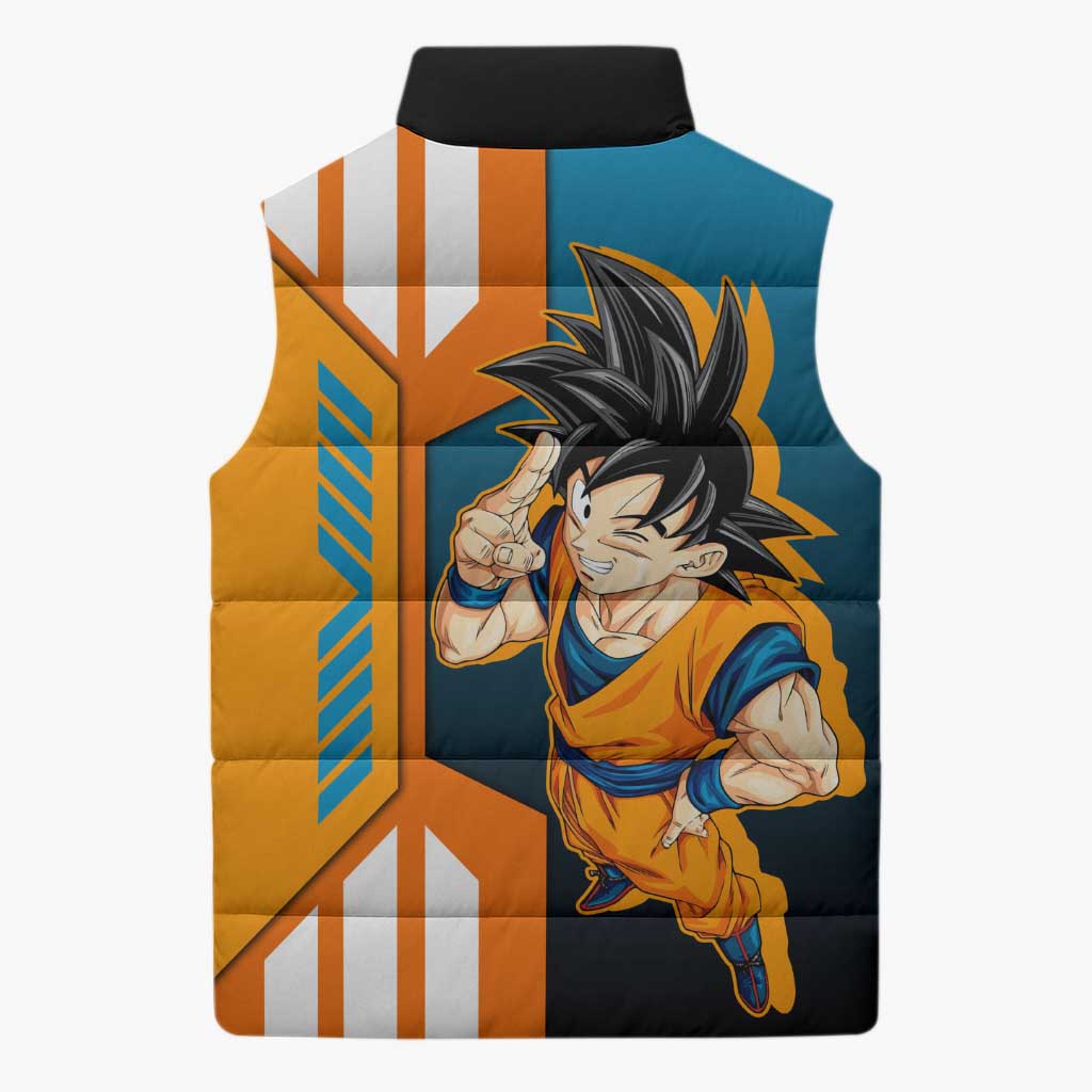 Son Goku from Dragon Ball Sleeveless Puffer Jacket with Orange Gi, Power Pose, and Energy Effect Design - The Mazicc
