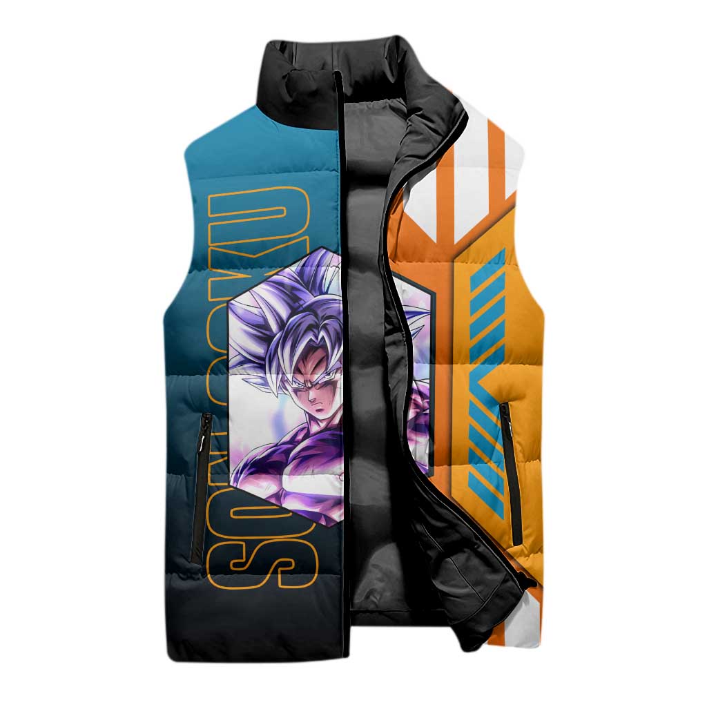 Son Goku from Dragon Ball Sleeveless Puffer Jacket with Orange Gi, Power Pose, and Energy Effect Design - The Mazicc