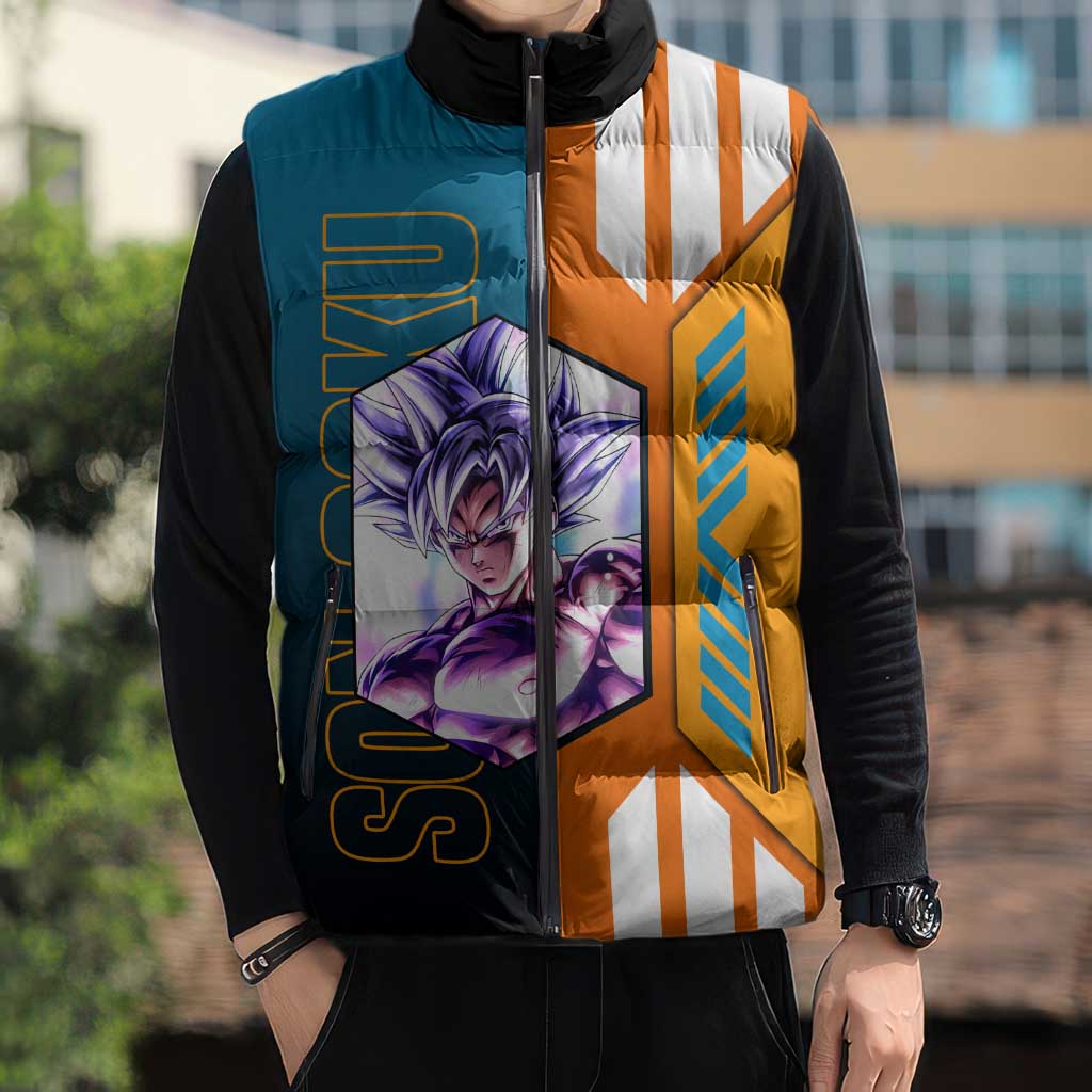 Son Goku from Dragon Ball Sleeveless Puffer Jacket with Orange Gi, Power Pose, and Energy Effect Design - The Mazicc