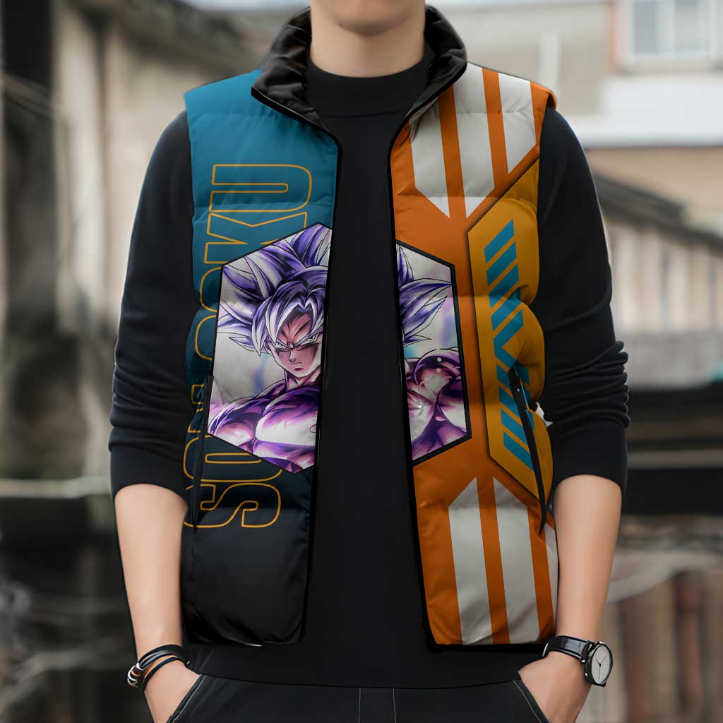 Son Goku from Dragon Ball Sleeveless Puffer Jacket with Orange Gi, Power Pose, and Energy Effect Design - The Mazicc