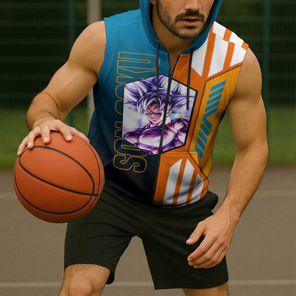 Son Goku from Dragon Ball Sleeveless Zip Hoodie with Orange Gi, Power Pose, and Energy Effect Design - The Mazicc